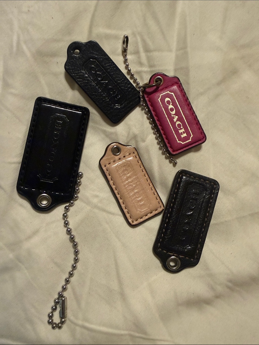 Coach Leather Key & Card Tag Set — Black, Pink, Beige
